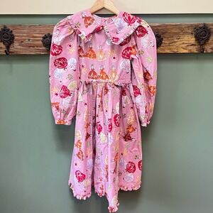 Vintage Mousefeathers Pink Ballerina Print Dress Ruffle‎ Collar Kids Size 12